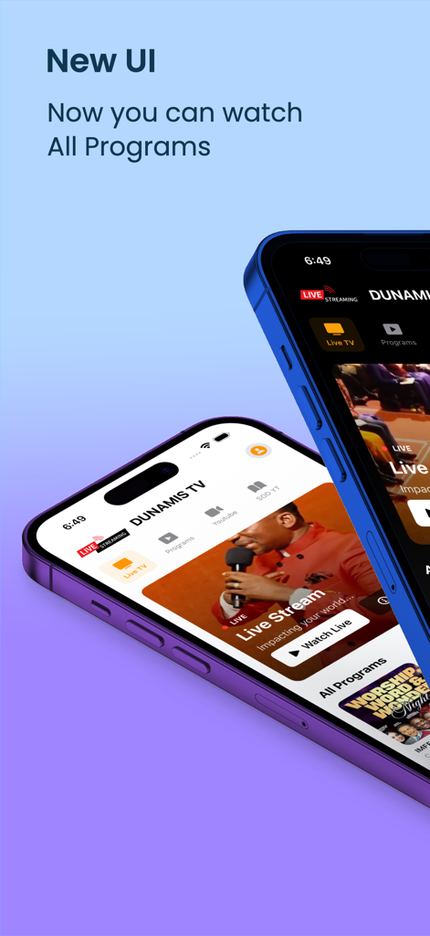Dunamis TV app interface on iPhone showing live streaming and programs