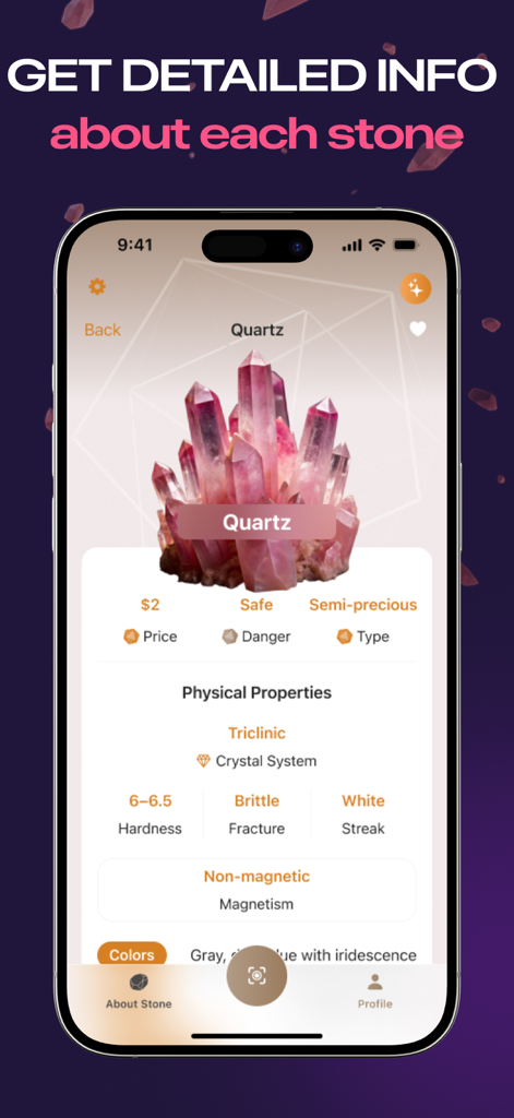 Rock Finder AI - Stone Scanner - Interface do aplicativo móvel Rock Finder AI mostrando propriedades físicas detalhadas de uma pedra de quartzo, incluindo dureza e sistema cristalino