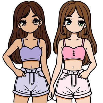 two sisters with crop tops and jean shorts and straight hair