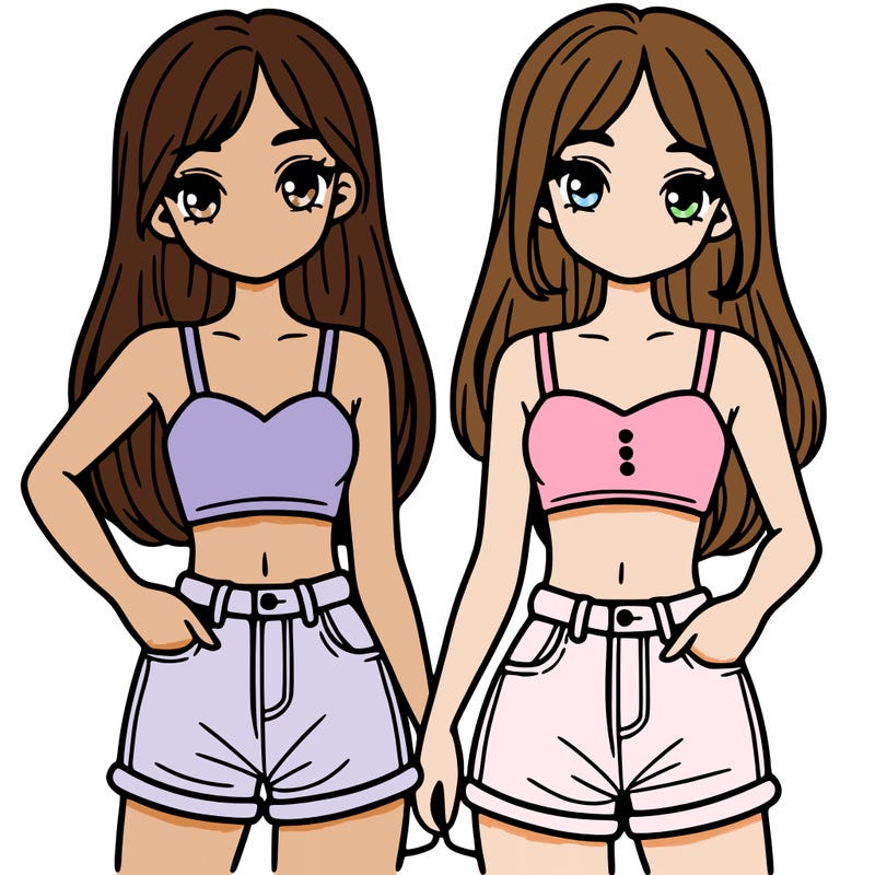 two sisters with crop tops and jean shorts and straight hair