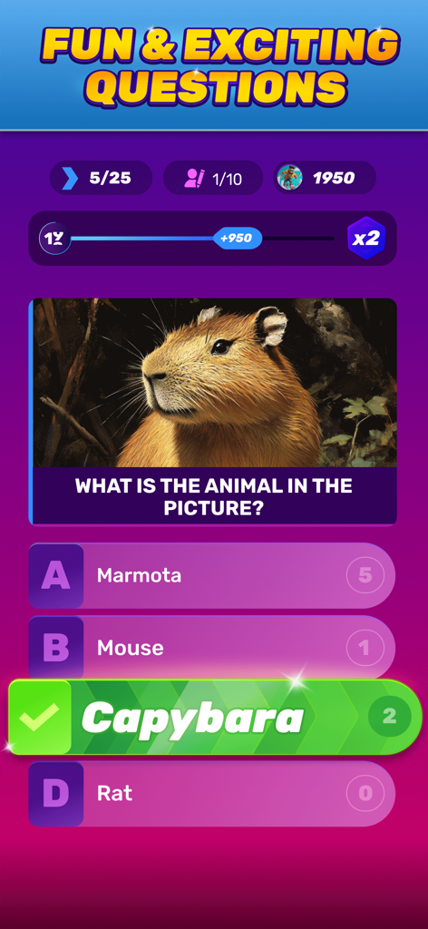 Trivia Royale mobile app showing a multiple choice animal quiz question.