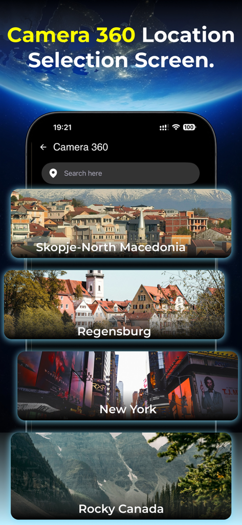 TerraCam app interface displaying a selection of 360 degree camera locations worldwide including New York and the Canadian Rockies