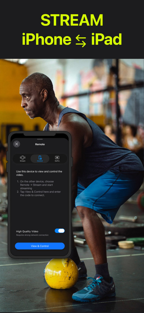 A smartphone screen displaying remote control settings for streaming video between an iPhone and iPad for sports training analysis
