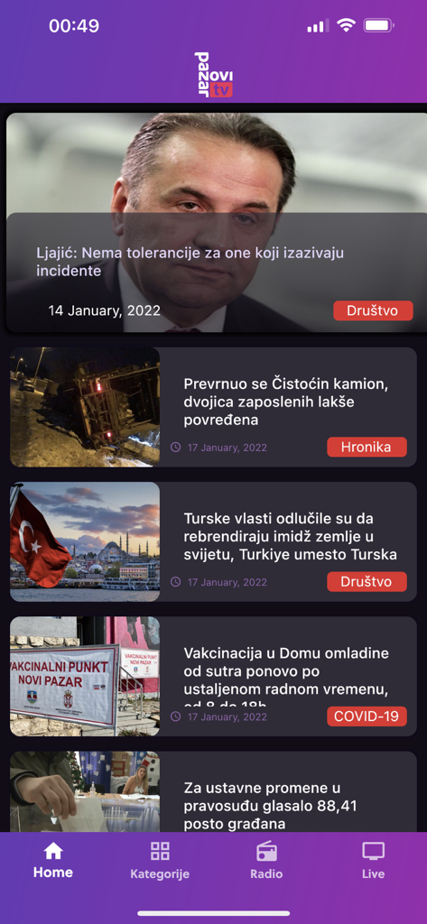 Home screen of the RTVNP news app featuring regional headlines and navigation for live radio and TV