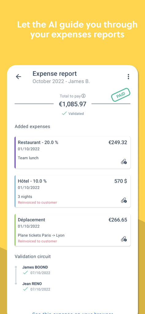 BoondManager 앱으로, 검증되고 지급된 경비 보고서를 보여줍니다.