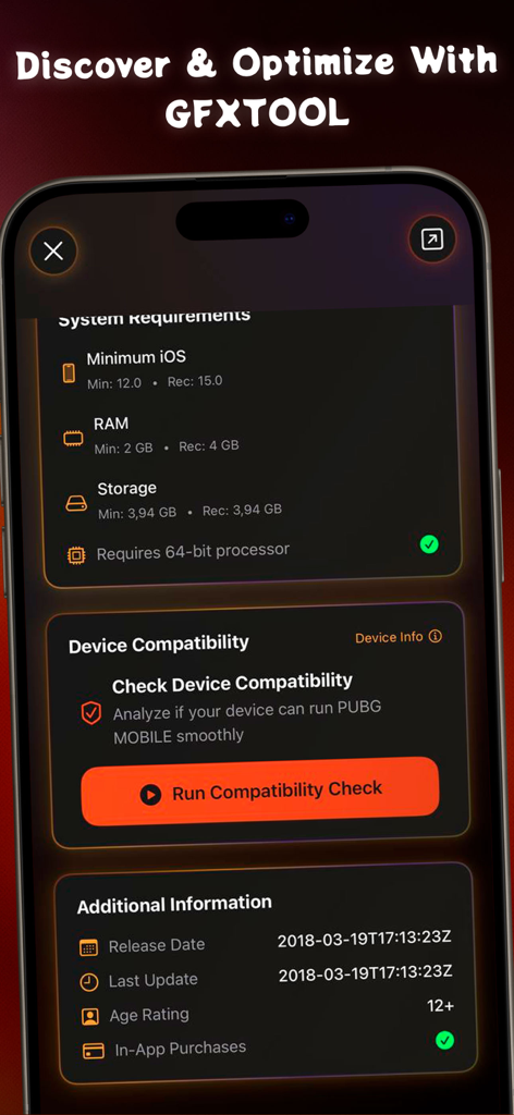 Écran de l'application GFX Pro montrant les exigences système des jeux mobiles et la vérification de compatibilité de l'appareil.
