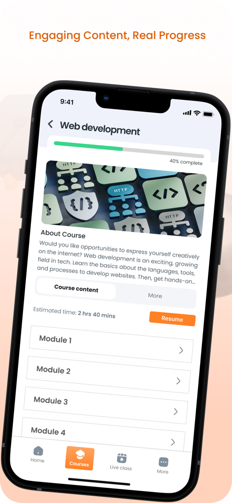 Ediify LMS - Ediify LMSのモバイルインターフェース。Web開発コースの進捗状況とモジュールを表示