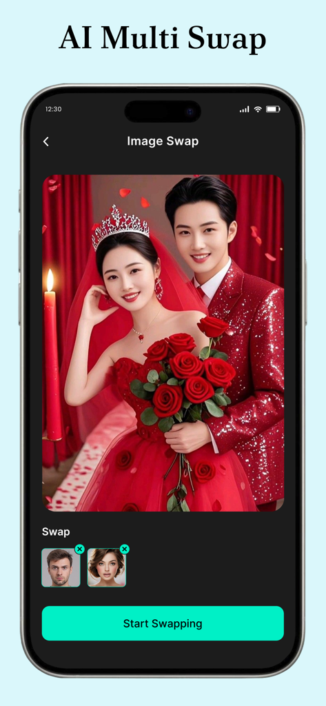 AI Face Swap: Photo Editor App - AI Face Swap app interface showing the multi swap feature on a couple portrait