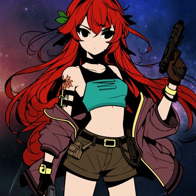 bad girl wearing crop top holding a gun long hair anime