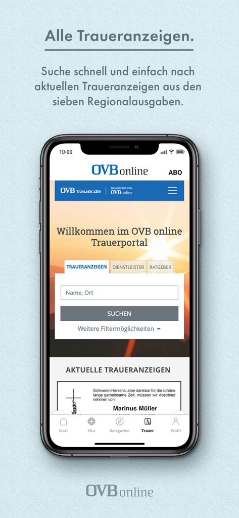 OVB online - OVB online Mobile App Trauerportal-Bildschirm zum Durchsuchen regionaler Nachrufe