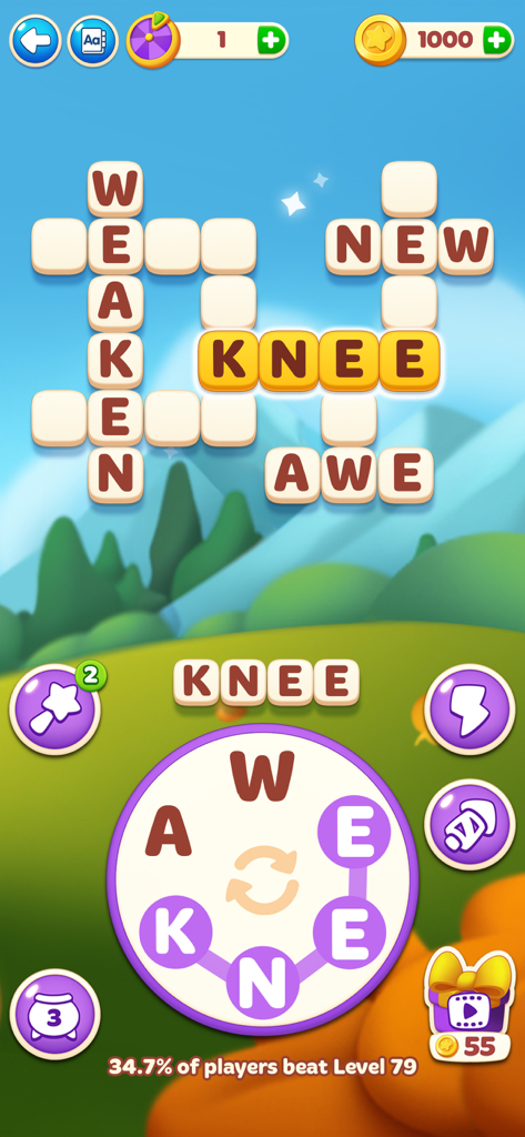 Word Spells: Game for Seniors - Gameplay-Screenshot von Word Spells, das ein Kreuzworträtsel und ein Buchstabenverbindungsrad zeigt.