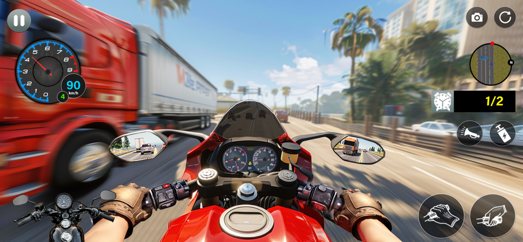 Motorcycle Games - Bike games - First person perspective of a red motorcycle racing through city traffic on a highway