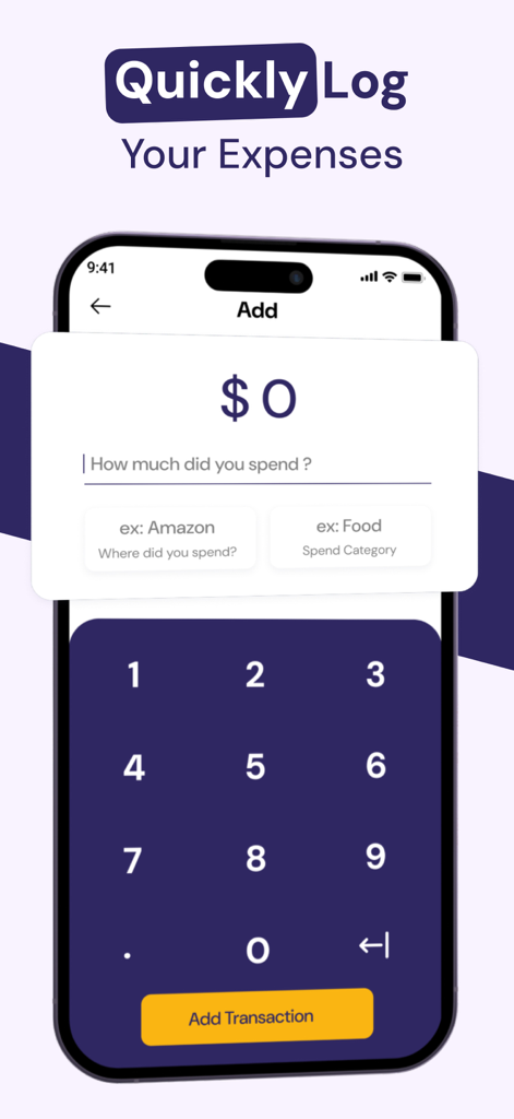 A mobile app interface for quickly logging daily expenses and transactions manually.