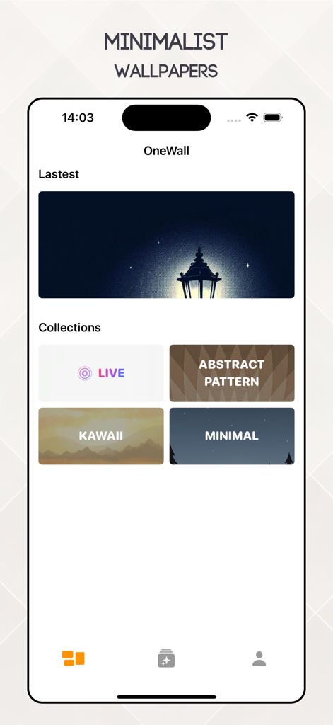 Minimal Lockscreen - One Wall - OneWall app interface showing wallpaper categories and minimalist design options