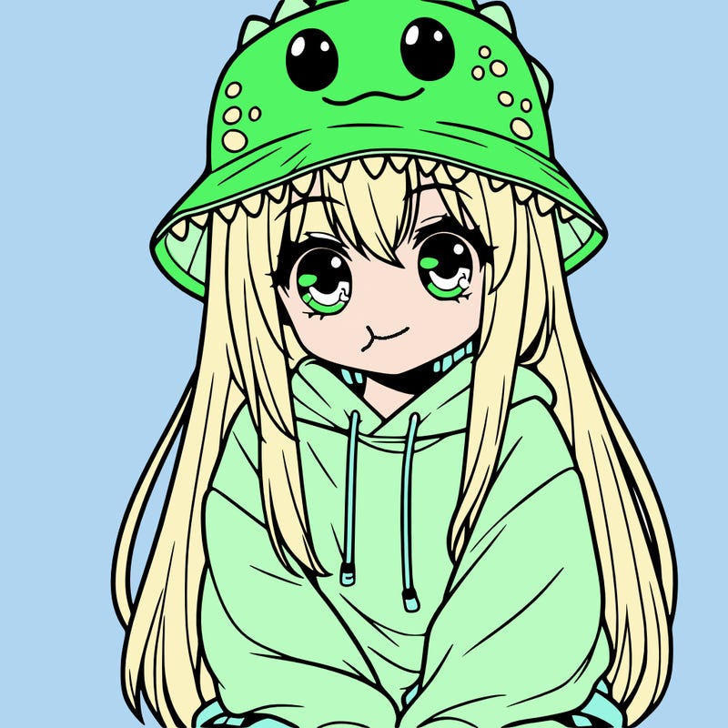 girl with anime shaped eyes with a dinosaur bucket hat oversized sweatshirt long straight hair