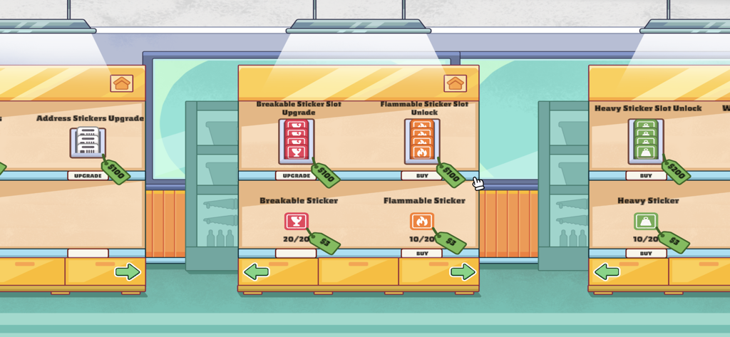Pack & Ship - In-game shop menu in Pack and Ship showing upgrade options for breakable, flammable, and heavy shipping stickers