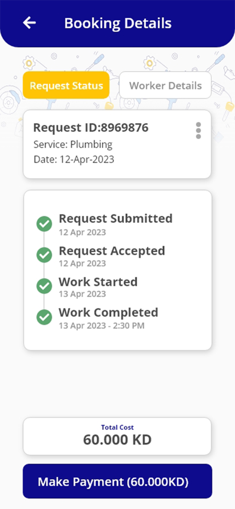 Mend - مند - 요청 상태, 타임라인 및 결제 버튼을 포함한 배관 서비스 예약 세부 정보를 표시하는 Mend 앱 화면