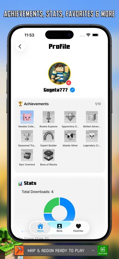 Master Craft for Minecraft PE - Página de perfil do aplicativo Master Craft para Minecraft PE mostrando conquistas do usuário e estatísticas de download