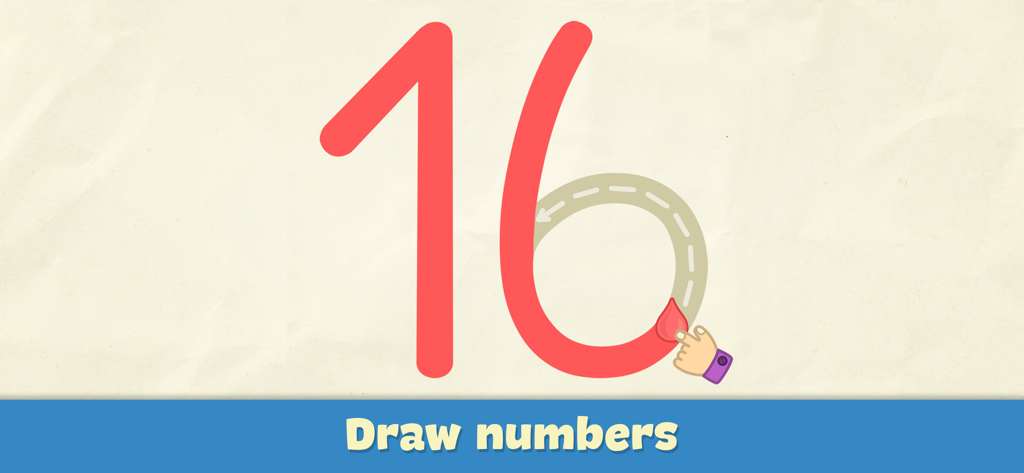 Un écran d'apprentissage pour la maternelle montrant comment dessiner le nombre seize en traçant
