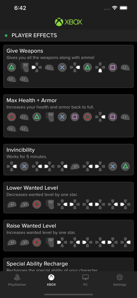 GTA 5のプレイヤー効果チートコードのリスト、コントローラーのボタンの組み合わせが表示されたXbox用