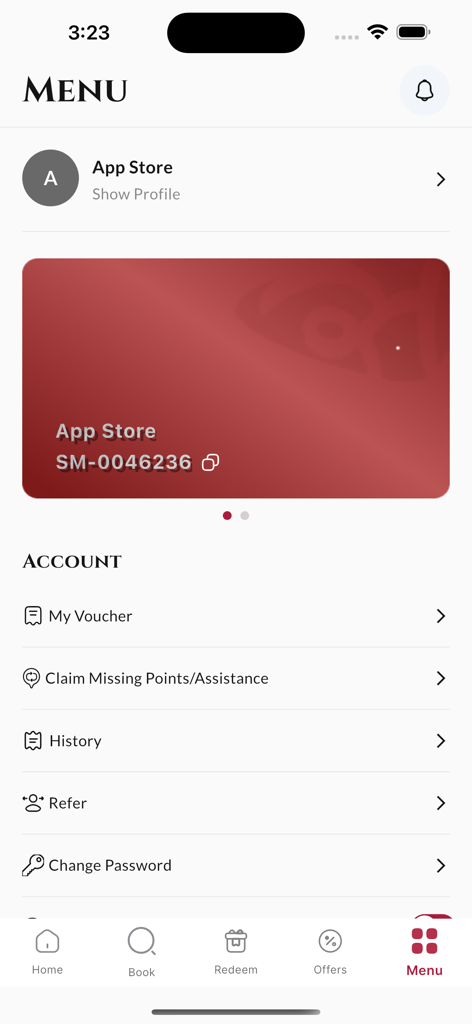 Soaltee Heritage Club mobile app menu featuring a digital membership card and account options like vouchers and points history.