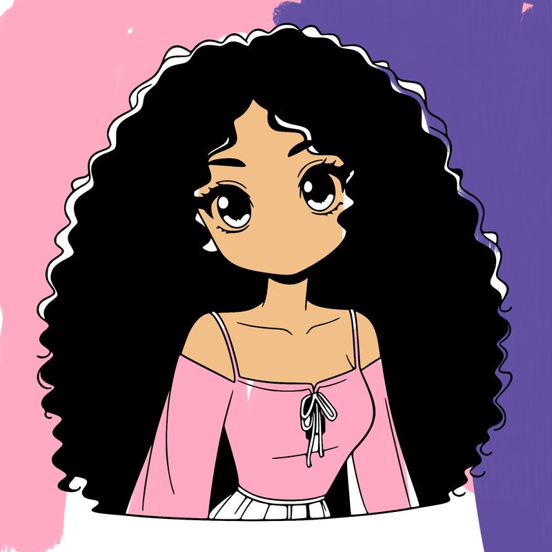 a black anime girl with long afro hair