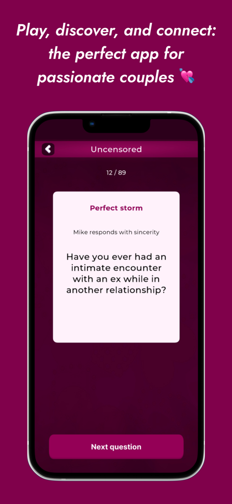Game of Love (love & couples) - Um smartphone mostrando uma pergunta provocativa de relacionamento no aplicativo Jogo do Amor