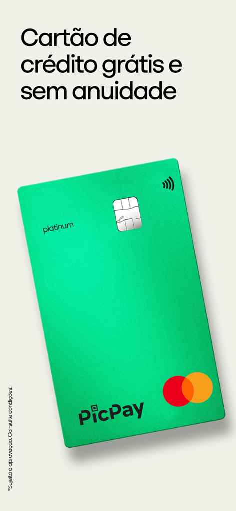 Um cartão de crédito Mastercard Platinum PicPay verde com texto descrevendo-o como gratuito e sem anuidade