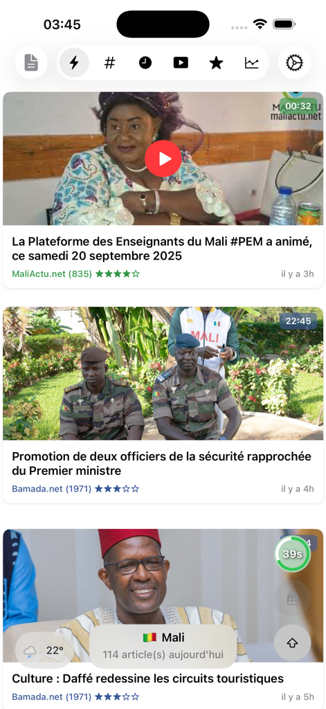 Interfaz de la aplicación de noticias Actu Mali que muestra un feed de varios artículos de noticias de Malí
