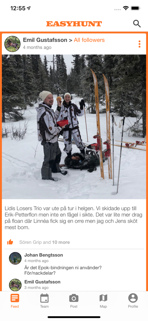 Easyhunt - The social feed of the Easyhunt app showing a post with two hunters in winter camouflage gear during a snowy trip.