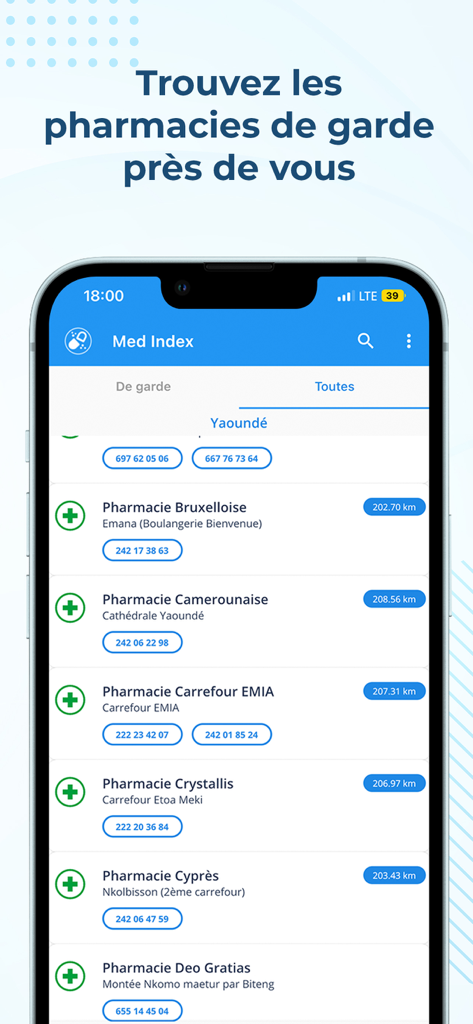 Med Index Pro - Pantalla de la aplicación móvil Med Index Pro mostrando una lista de farmacias cercanas en Yaundé con su distancia y números de teléfono de contacto