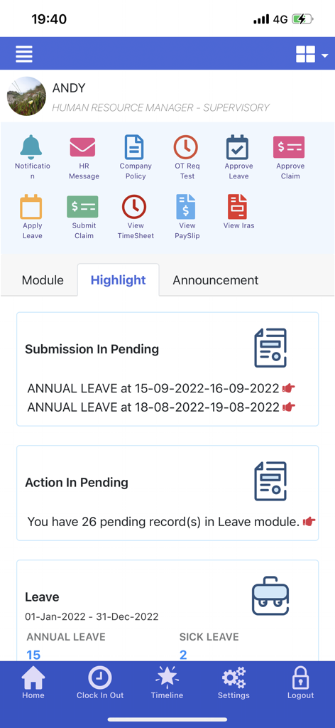 TIMES Mobile Pro - 직원 셀프 서비스 HR 모듈 및 보류 중인 휴가 제출을 보여주는 TIMES Mobile Pro 앱 대시보드