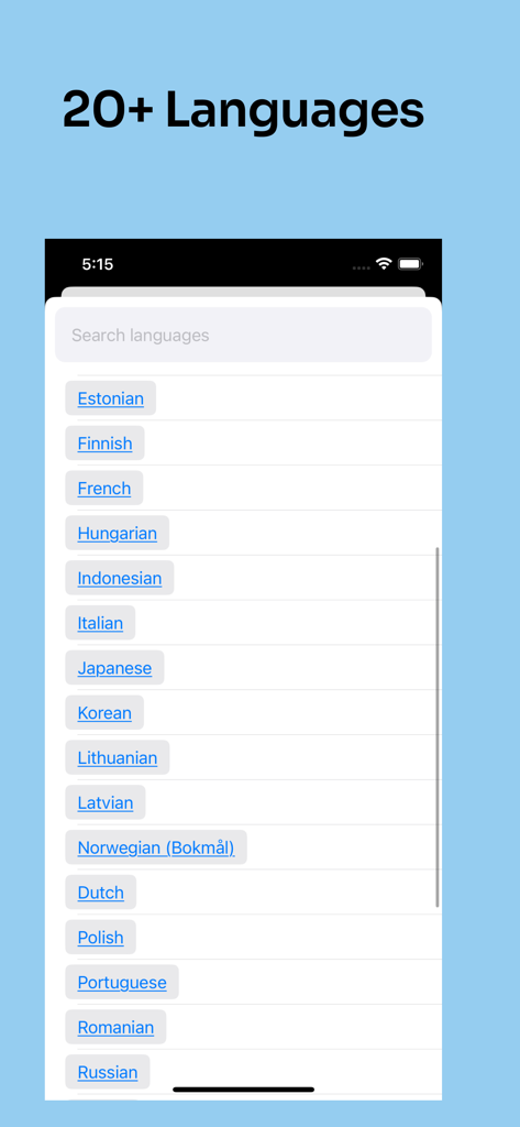 A list of over 20 languages available for translation in the Deep Translate app interface