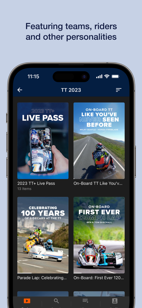 TT+ - TT+ app screen featuring Isle of Man TT motorcycle race videos and Live Pass access.