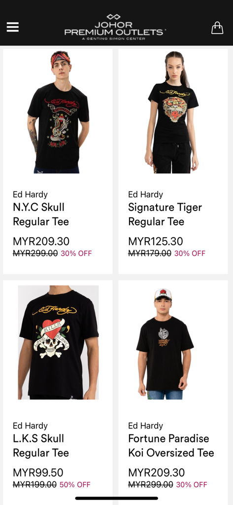 Premium Outlets Malaysia - Ofertas e descontos de camisetas Ed Hardy no aplicativo Premium Outlets Malaysia