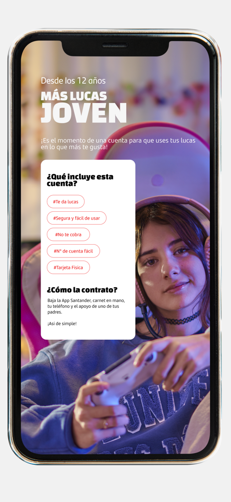 Santander Chile - Pantalla promocional de la cuenta bancaria para jóvenes Santander Chile Más Lucas para usuarios a partir de 12 años.