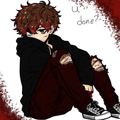 a male hoddie ripped jeans messy hair anime