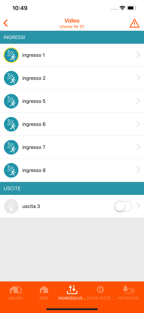 AMC Plus - AMC Plus mobile app dashboard displaying a list of security system inputs and an output toggle switch
