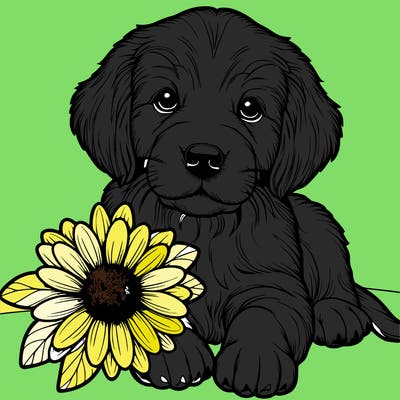 realistic retrever puppy with flower