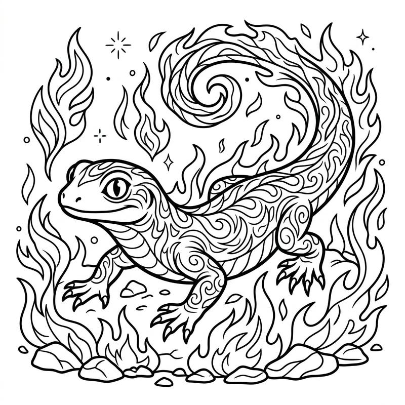 Discover the magic of this mythical salamander, a creature of fire beautifully depicted in a detailed coloring page. Its intricate patterns and fiery surroundings promise an engaging and imaginative coloring experience.