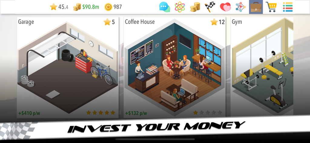 Motorsport Superstar - A screen in the Motorsport Superstar game showing business investment options like a garage and a coffee house with weekly profit details