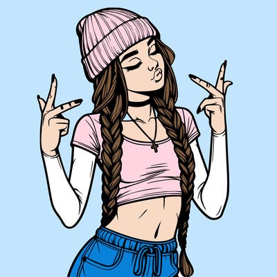 realistic teenage girl with braids and a beanie and crop top doing 🫶🏼