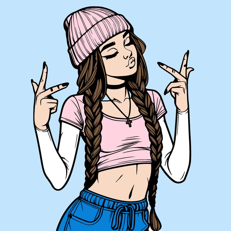 realistic teenage girl with braids and a beanie and crop top doing 🫶🏼