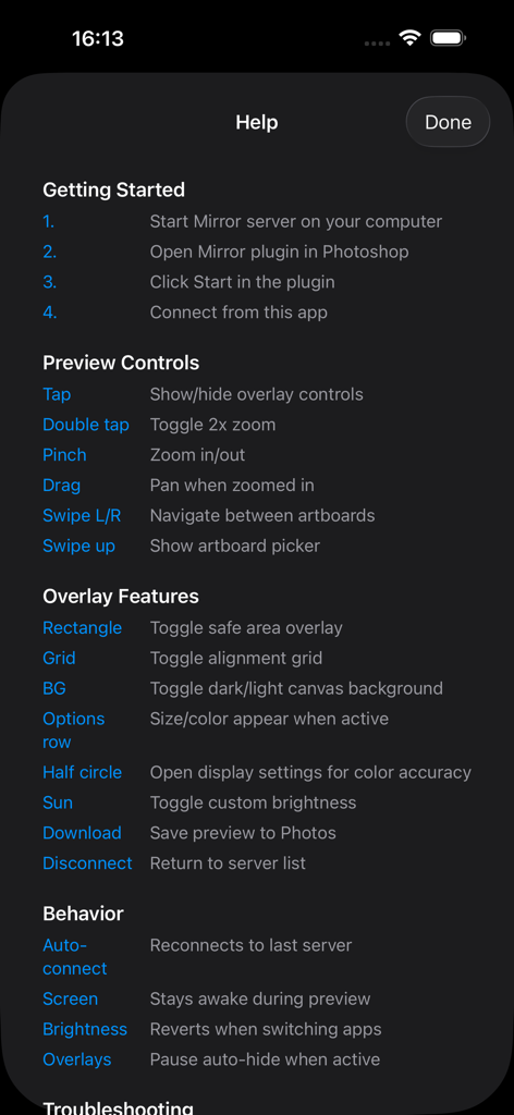 Mirror for Photoshop - Guía de ayuda para Mirror for Photoshop que muestra controles de gestos y funciones de superposición