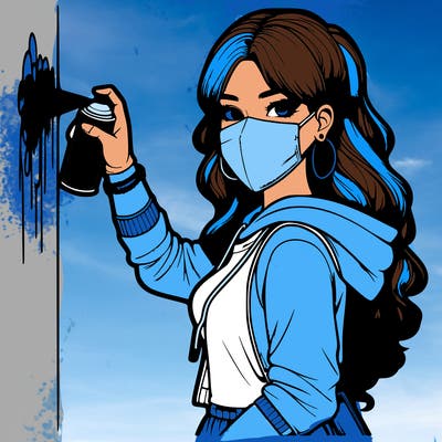 realistic girl with mask spray painting a wall