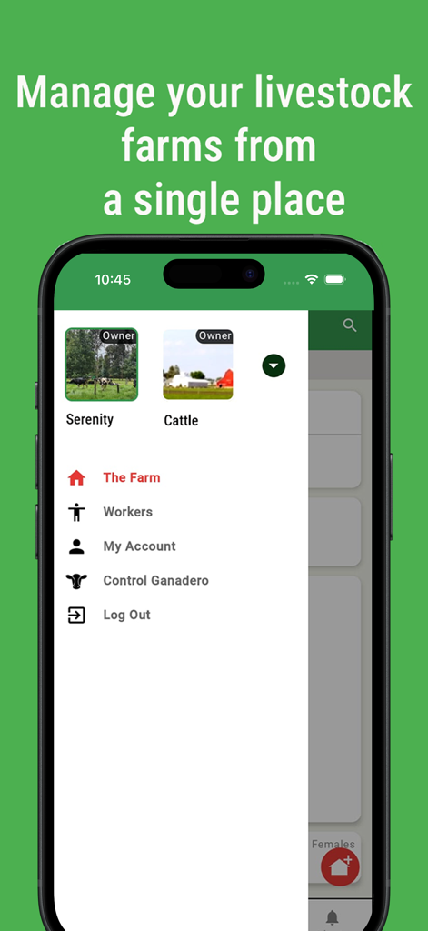 Control Ganadero - Control Ganadero App Dashboard zeigt das Menü zur Farmverwaltung und Mitarbeiteroptionen
