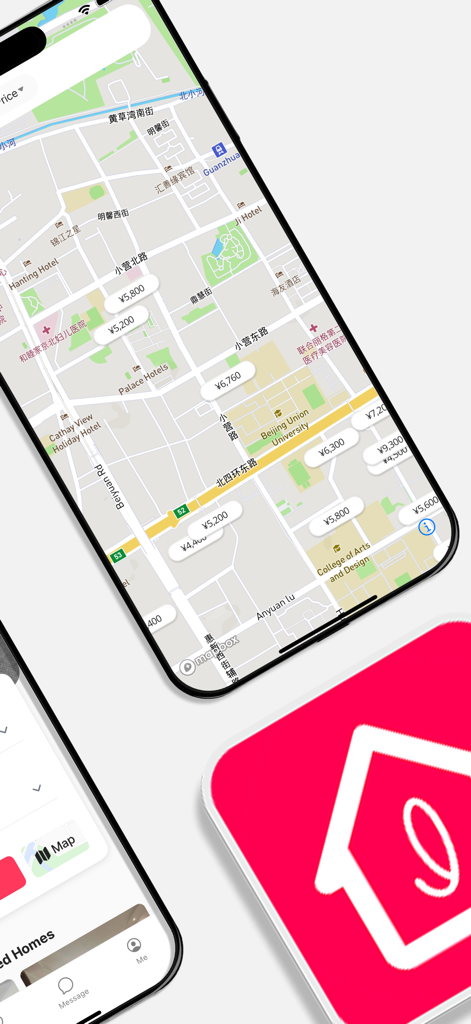 iStay 爱住 - Map view of iStay app showing apartment rental prices in China