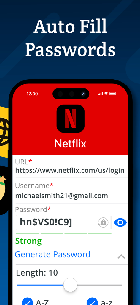 Password Manager - Secure - Una schermata dell'app mobile che mostra la funzione di completamento automatico della password per l'accesso a un account Netflix.