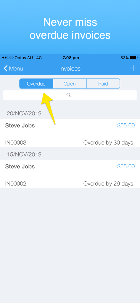 Screenshot of the Invoice Maker Simple app displaying a list of overdue invoices to track unpaid payments.
