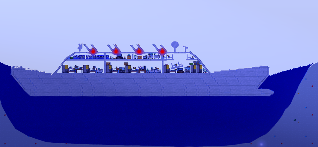 Water Physics Simulation - A large pixelated ship floating in a deep blue water simulation.